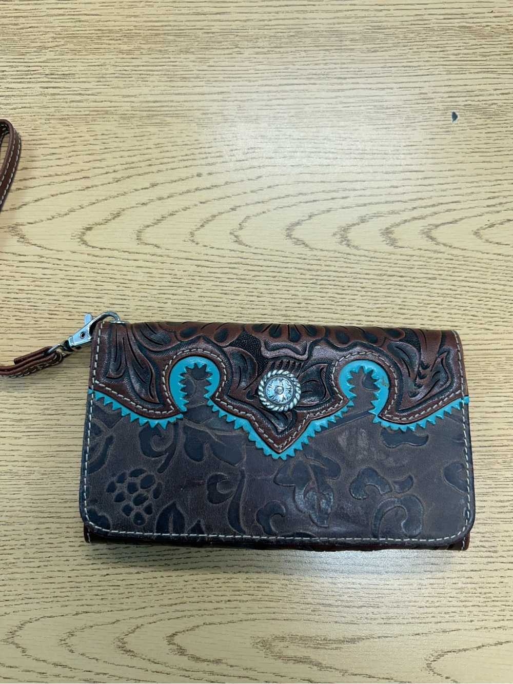 Angel Ranch Brown Tooled Leather smartphone wallet with Turquoise Accent -